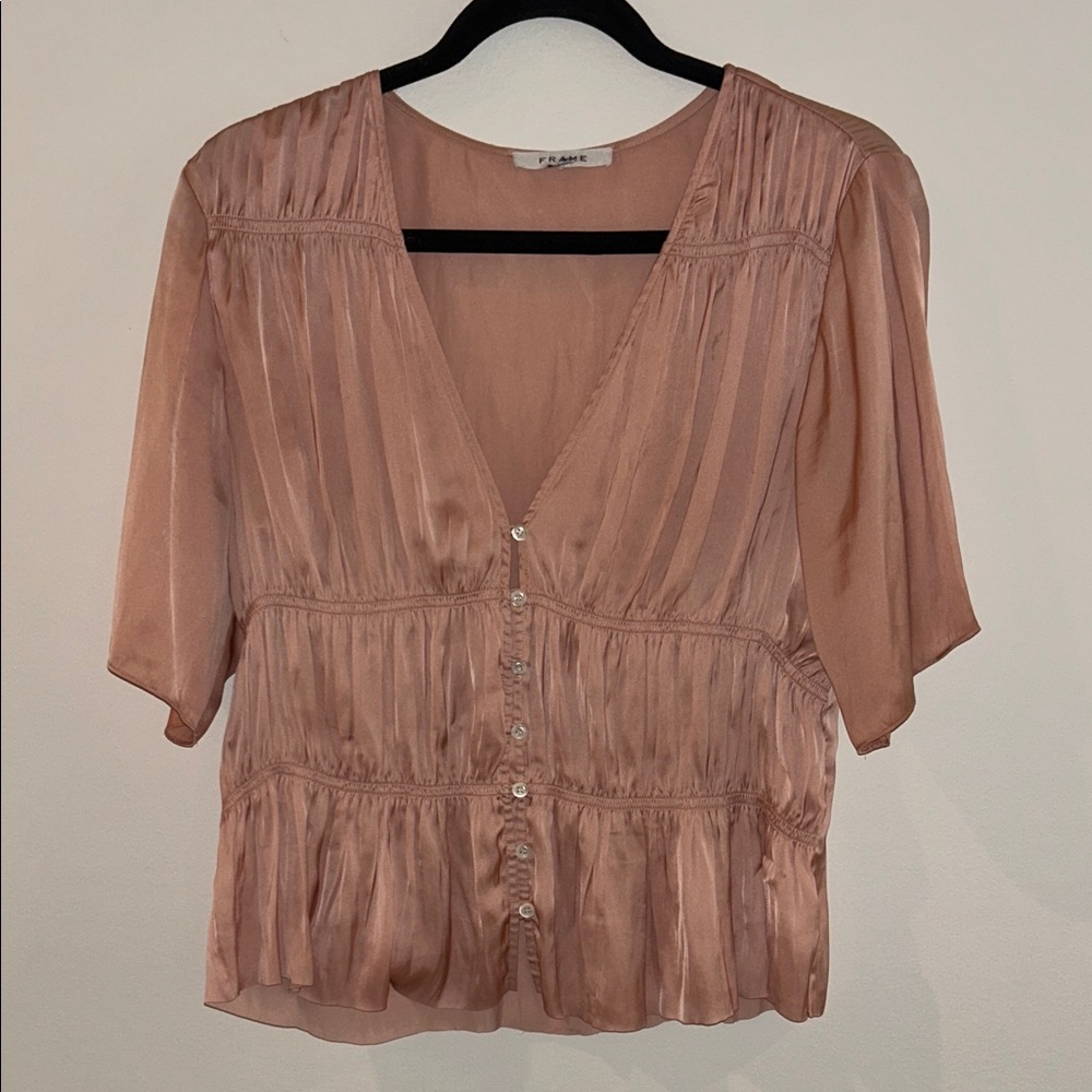 Frame Denim Women's Pink  Shirred V-Neck Blouse, size M, Pink Clay